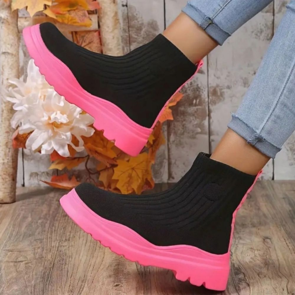 Ladies Blac And Pink Trendy women's slip on sock boots sz 6